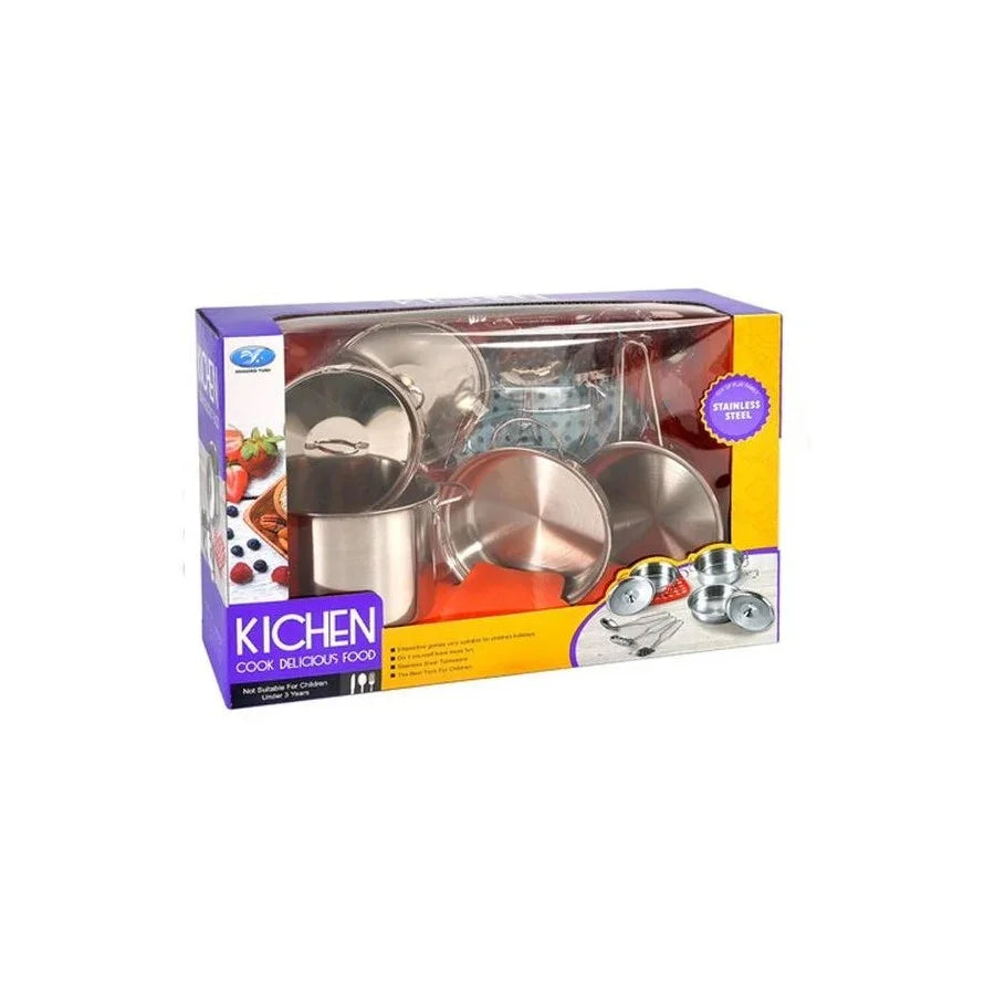 Stainless steel kids kitchen cookware set for pretend play and cooking fun