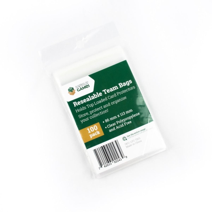Stack of LPG Essentials resealable team bags pack showing clear polypropylene sleeves in green and white branded box