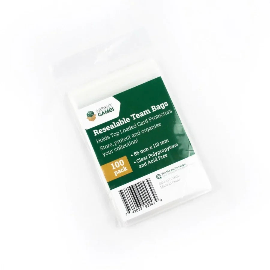 Stack of LPG Essentials resealable team bags pack showing clear polypropylene sleeves in green and white branded box