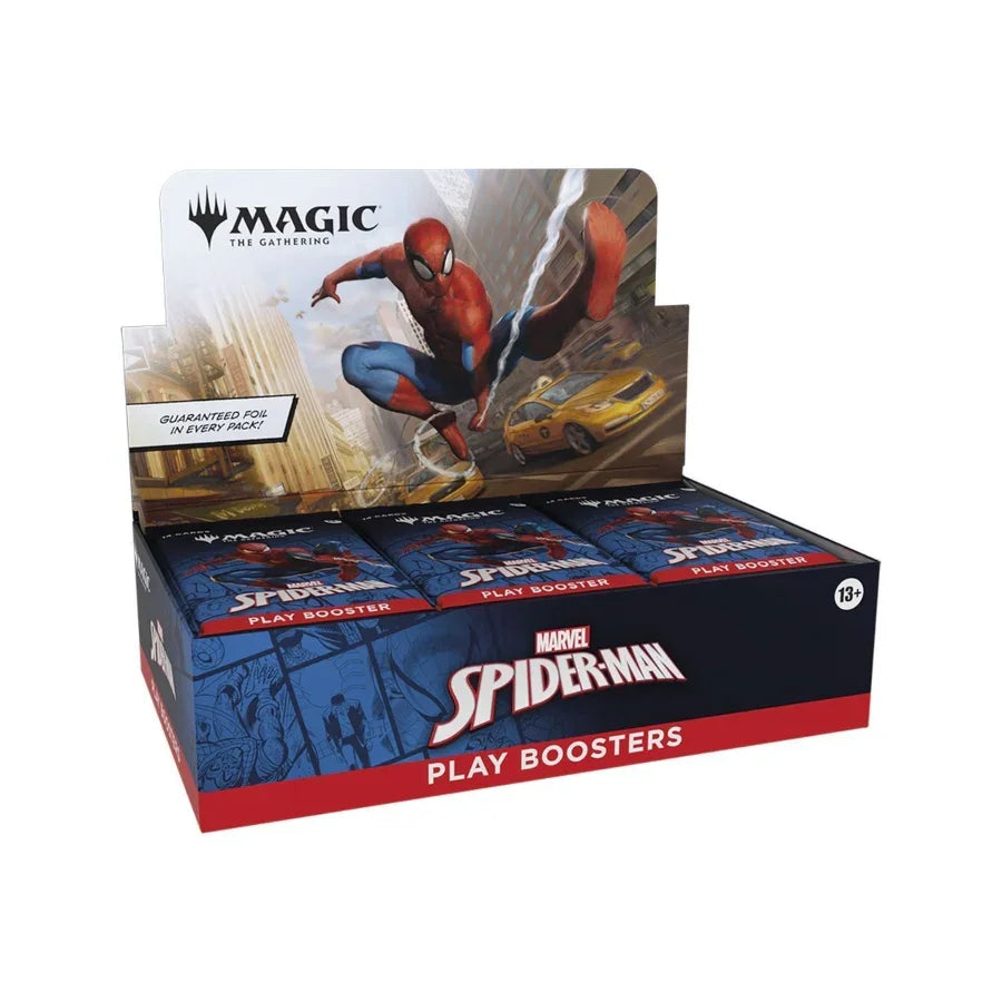 Magic: The Gathering Marvel’s Spider-Man Play Booster Display – sealed box of 30 Play Booster packs featuring Spider-Man themed cards.