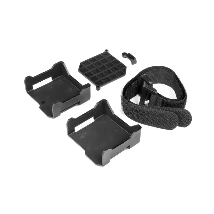 Black plastic mounting brackets and adjustable strap for hobby model kits and collectibles display
