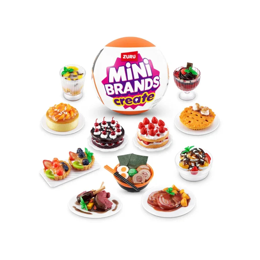 Zuru Mini Brands Create toy food set with miniature desserts, meals, and snacks for pretend play and collecting.