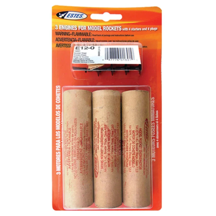 Estes E12-0 model rocket engines with starters and plugs, ideal for hobby rocketry kits