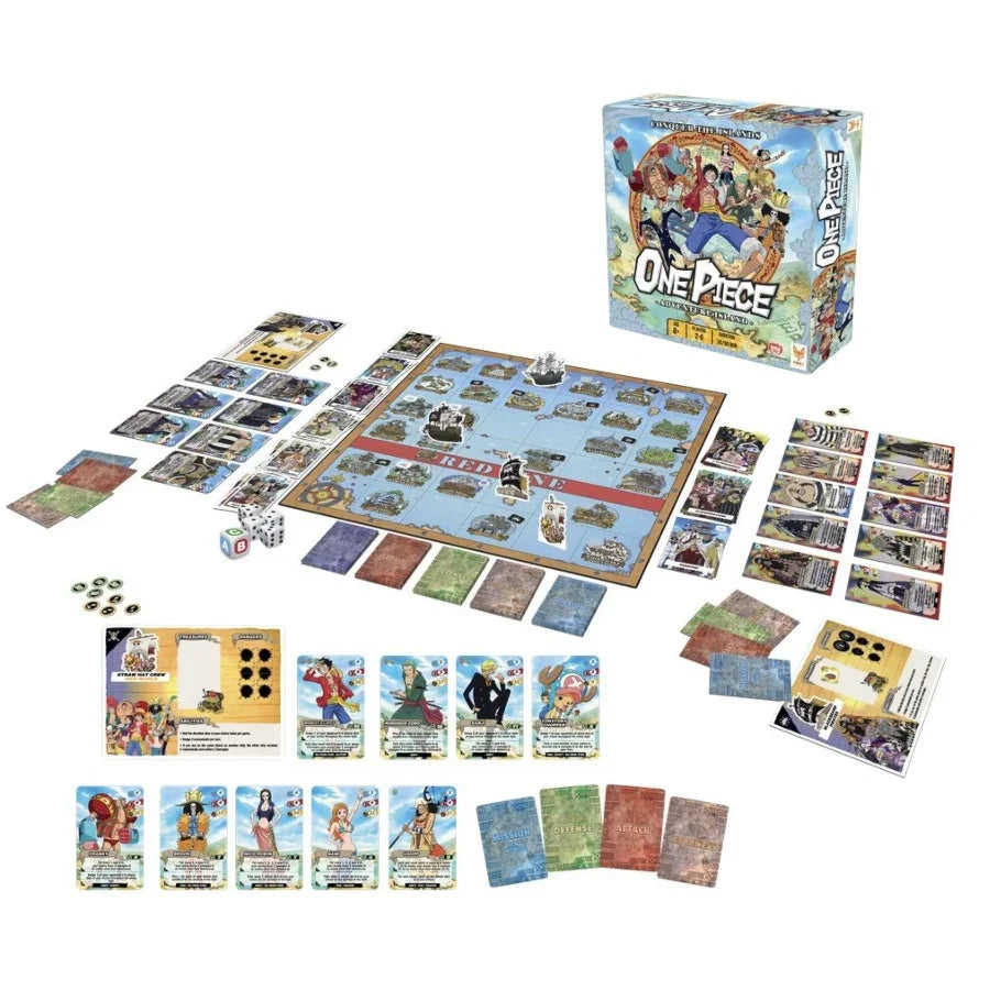 One Piece board game with cards, dice, and game pieces spread out for play