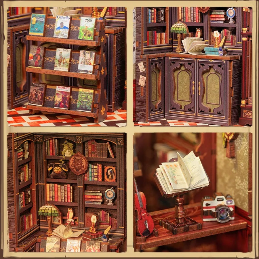 Miniature DIY bookstore kit with bookshelves, novels, music stand, and vintage decor from Aussie Hobbies