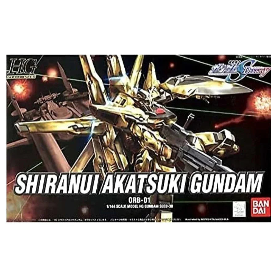 Shiranui Akatsuki Gundam HG 1/144 scale model kit by Bandai, featuring golden mobile suit with weapons and dynamic battle backdrop