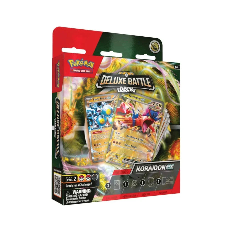 Pokémon Trading Card Game Deluxe Battle Deck featuring Koraidon ex, Sandy Shocks ex, cards, coin, and playmat for collectors and players