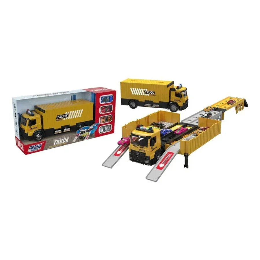 Yellow toy truck carrier with ramp and mini cars, ideal for kids' play and collectible displays