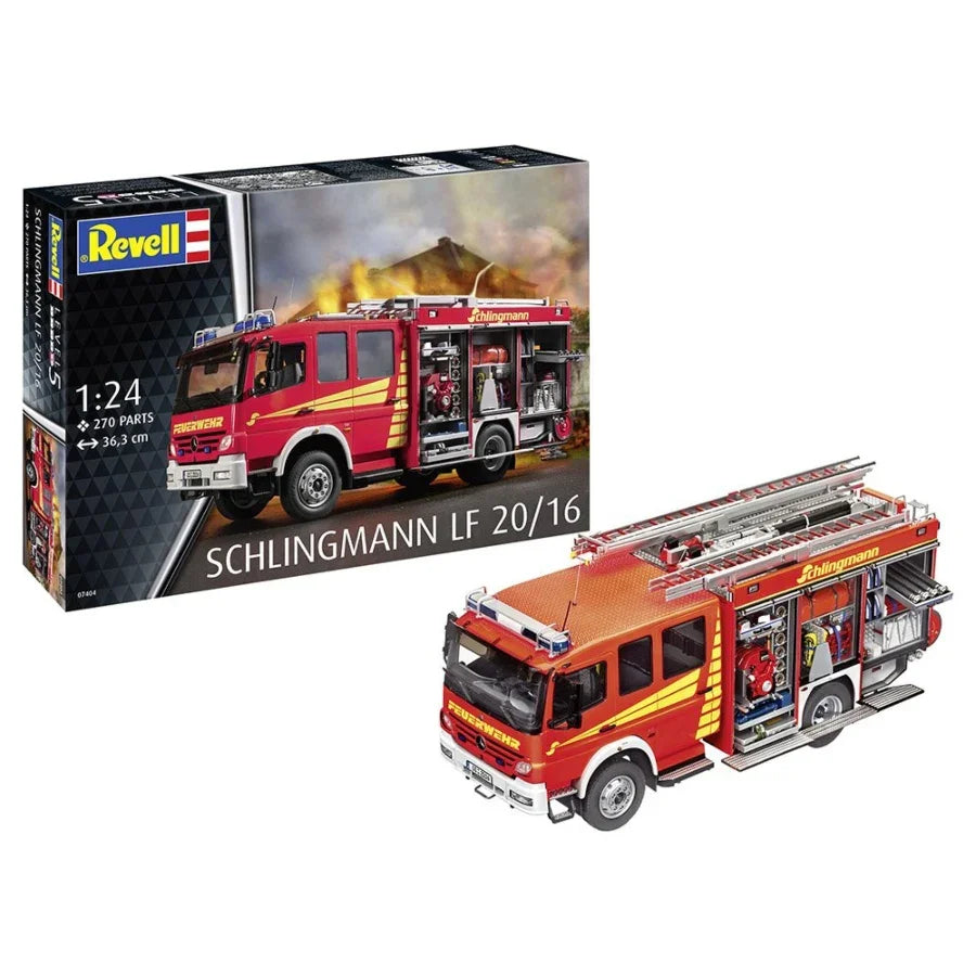 Revell 1:24 Schlingmann LF 20/16 fire truck model kit showing open side compartments, equipment detail and Mercedes-Benz Atego cab