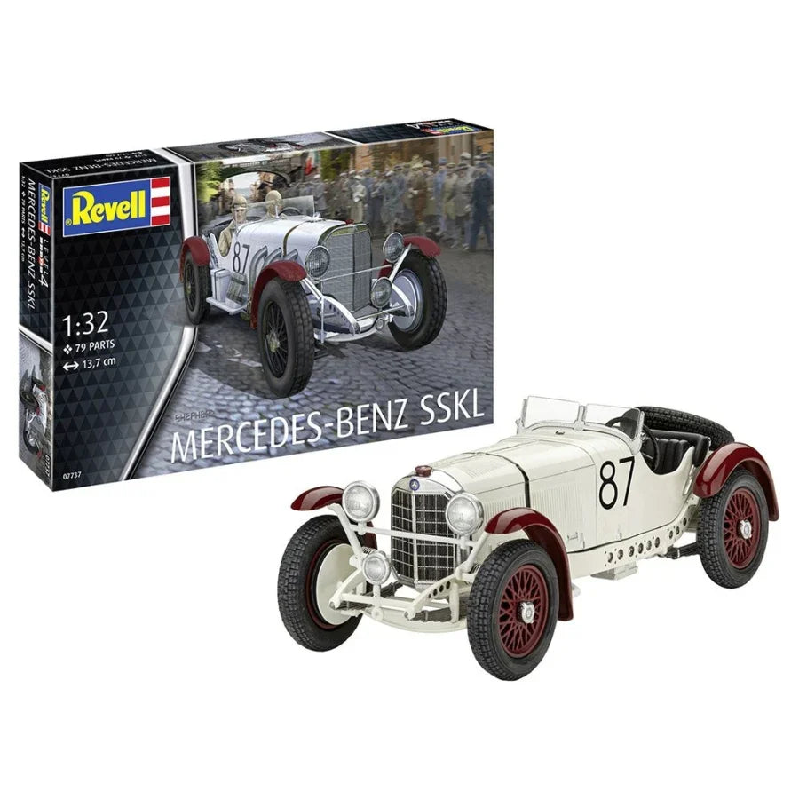 Revell 1:32 Mercedes‑Benz SSKL model kit depicting silver-white classic racecar with number 87 and detailed engine/exhaust parts