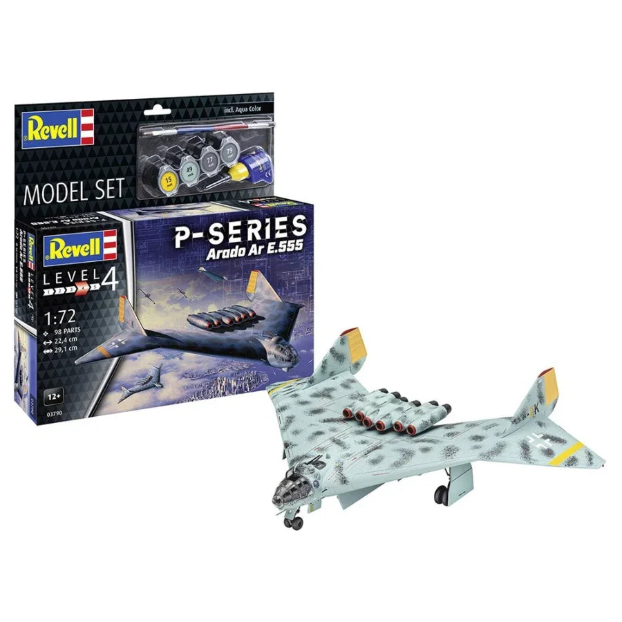 Revell 1:72 Arado Ar E.555 flying-wing concept bomber kit with box art, assembled model showing six jet engines and flying wing layout