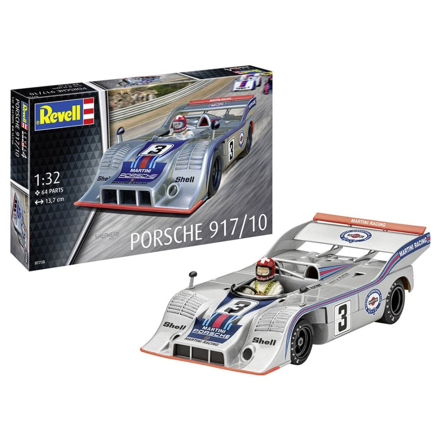 Revell 1:32 Porsche 917/10 Martini Racing #3 model kit featuring open cockpit, Martini stripes, driver figure and chassis parts