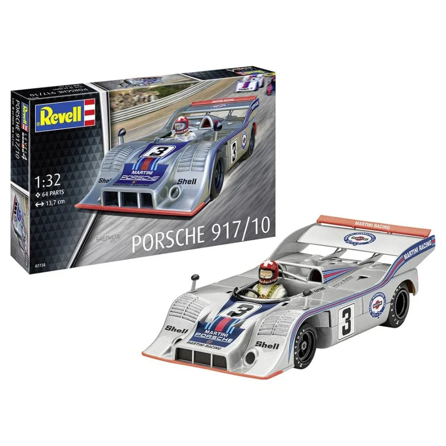 Revell 1:32 Porsche 917/10 Martini Racing #3 model kit featuring open cockpit, Martini stripes, driver figure and chassis parts