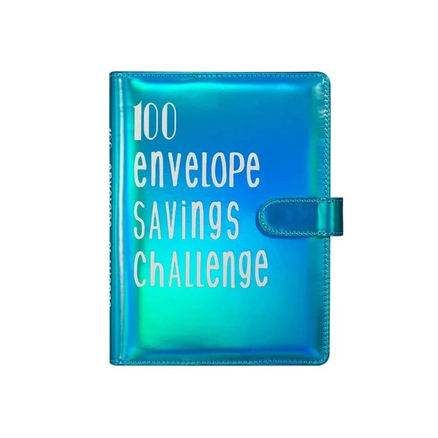 Iridescent blue 100 envelope savings challenge journal with snap closure