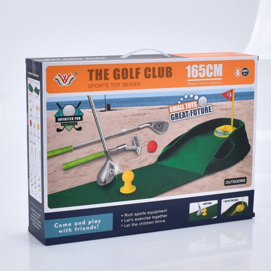 Box of a golf club toy set with a miniature golf course design on a white background