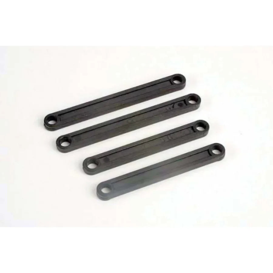 Four black plastic model kit parts with holes, ideal for hobby assembly projects