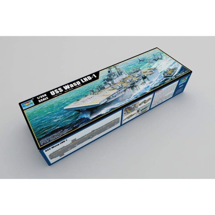 Trumpeter 1/350 USS Wasp LHD-1 Plastic Model Kit (05611) – amphibious assault ship with aircraft and landing craft.
