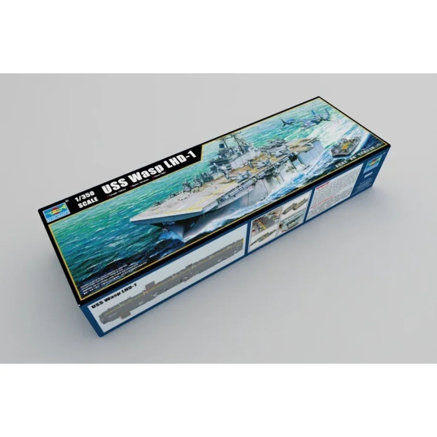 Trumpeter 1/350 USS Wasp LHD-1 Plastic Model Kit (05611) – amphibious assault ship with aircraft and landing craft.