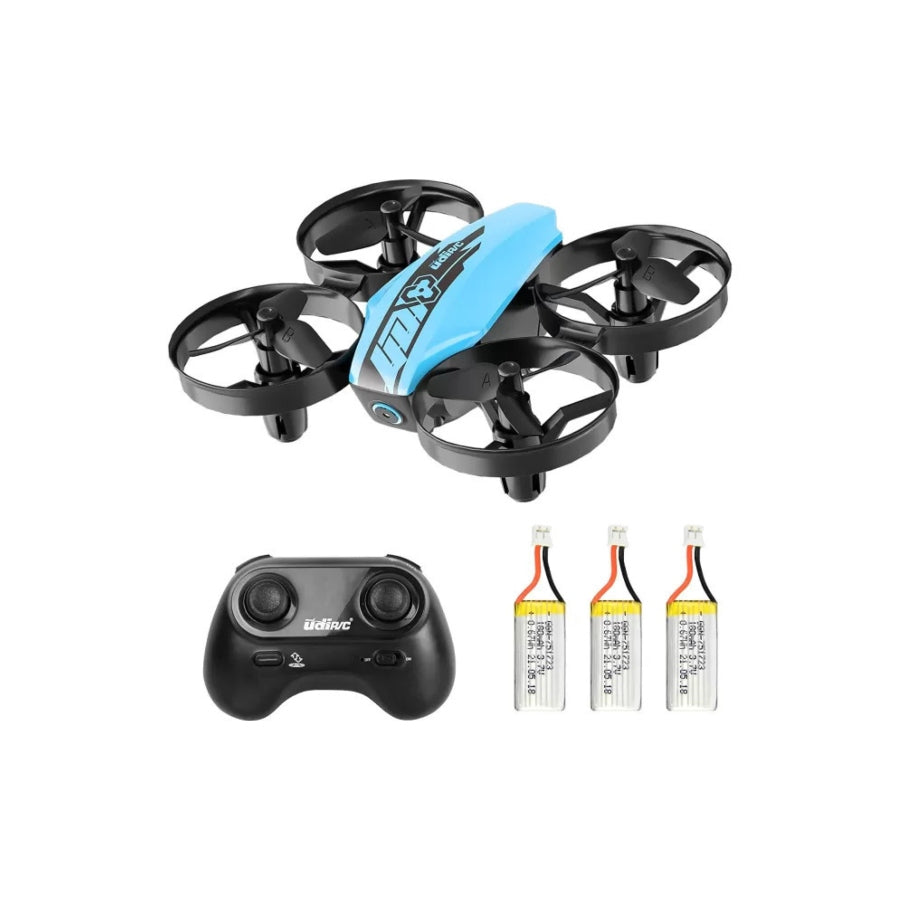 UDI U46S Firefly blue mini drone near controller and spare batteries