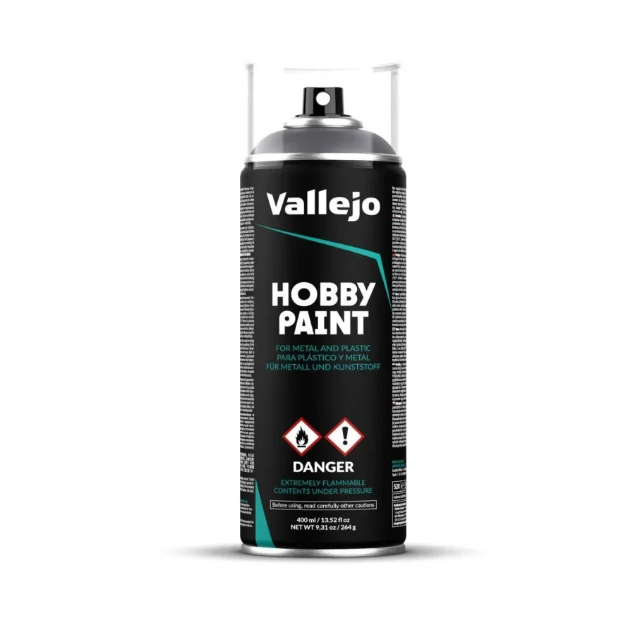 Vallejo Hobby Paint spray can for metal and plastic, 400ml, black can with safety warnings