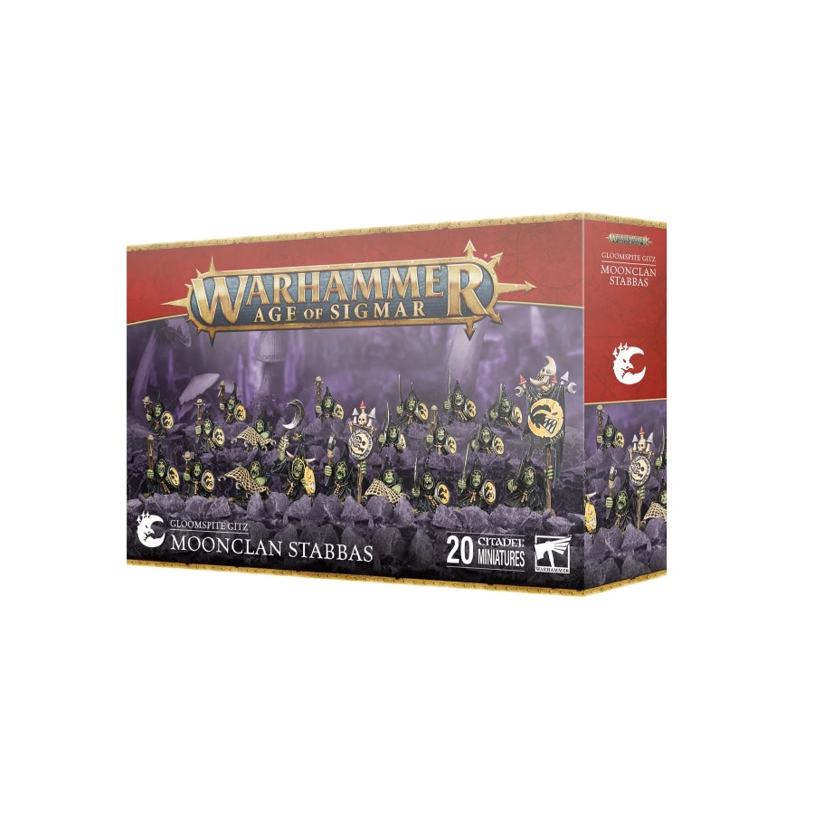 Warhammer Gloomspite Gitz Stabbas Moonclan Grots Spear Unit 89-07 miniatures with spears and shields.