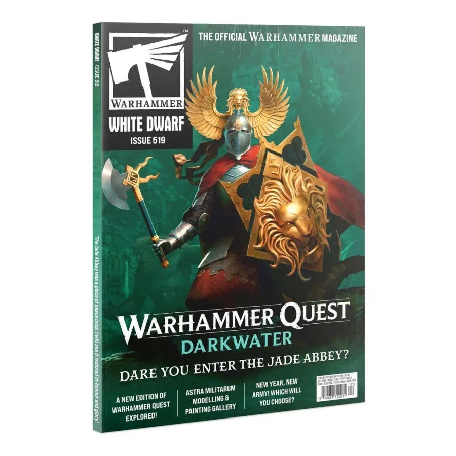Warhammer White Dwarf Issue 519 featuring Warhammer Quest Darkwater with armored warrior and lion shield