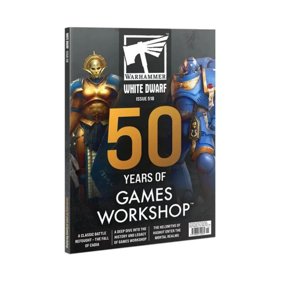 Warhammer White Dwarf Issue 518 celebrating 50 years of Games Workshop with armored characters