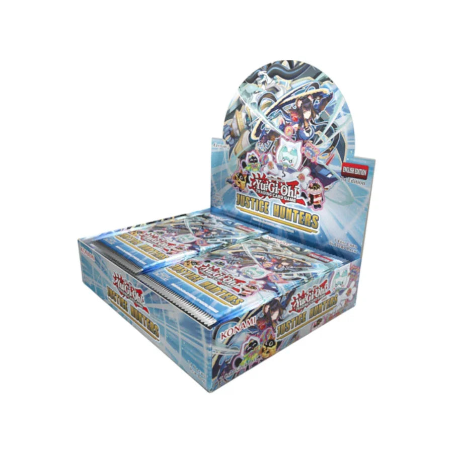 Yu-Gi-Oh Justice Hunters trading card game booster box with vibrant artwork and Konami branding