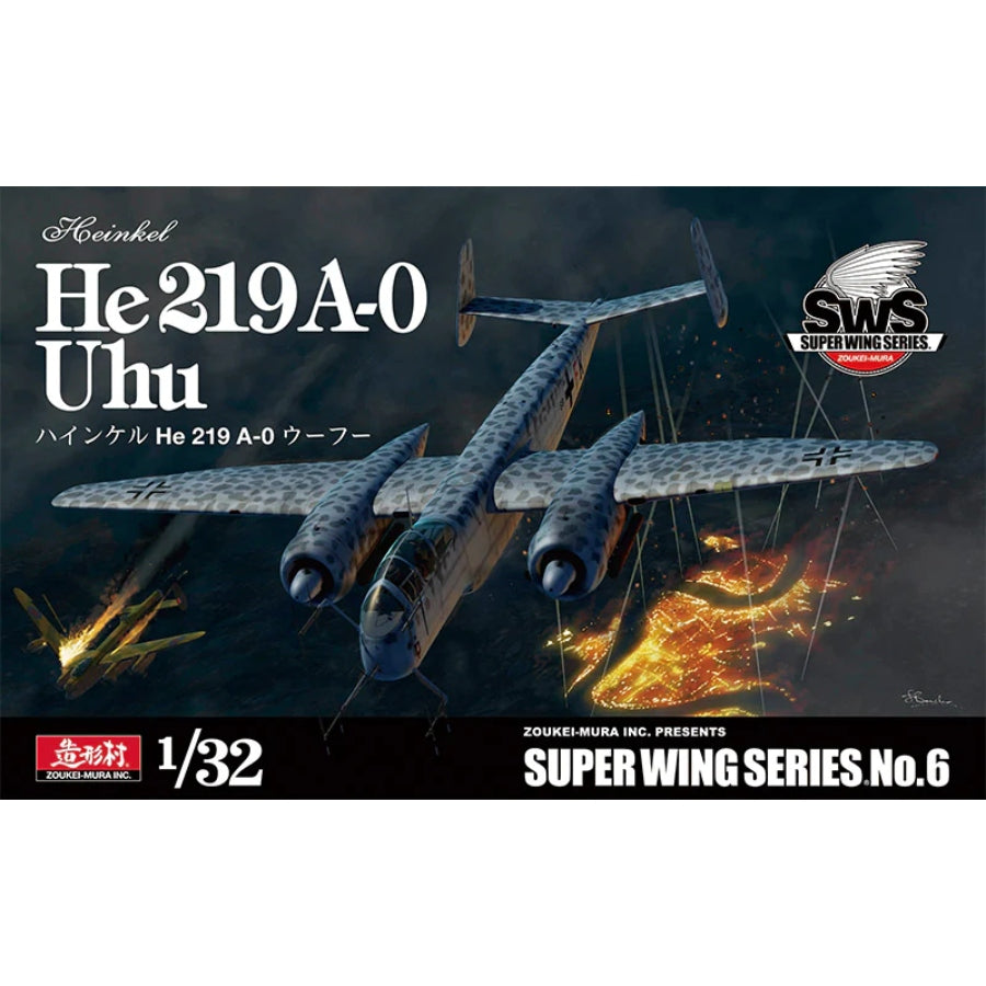 Zoukei‑Mura 1/32 He 219 A‑0 Uhu model kit showing detailed twin‑engine radial layout, clear canopy sprue and camouflage box art
