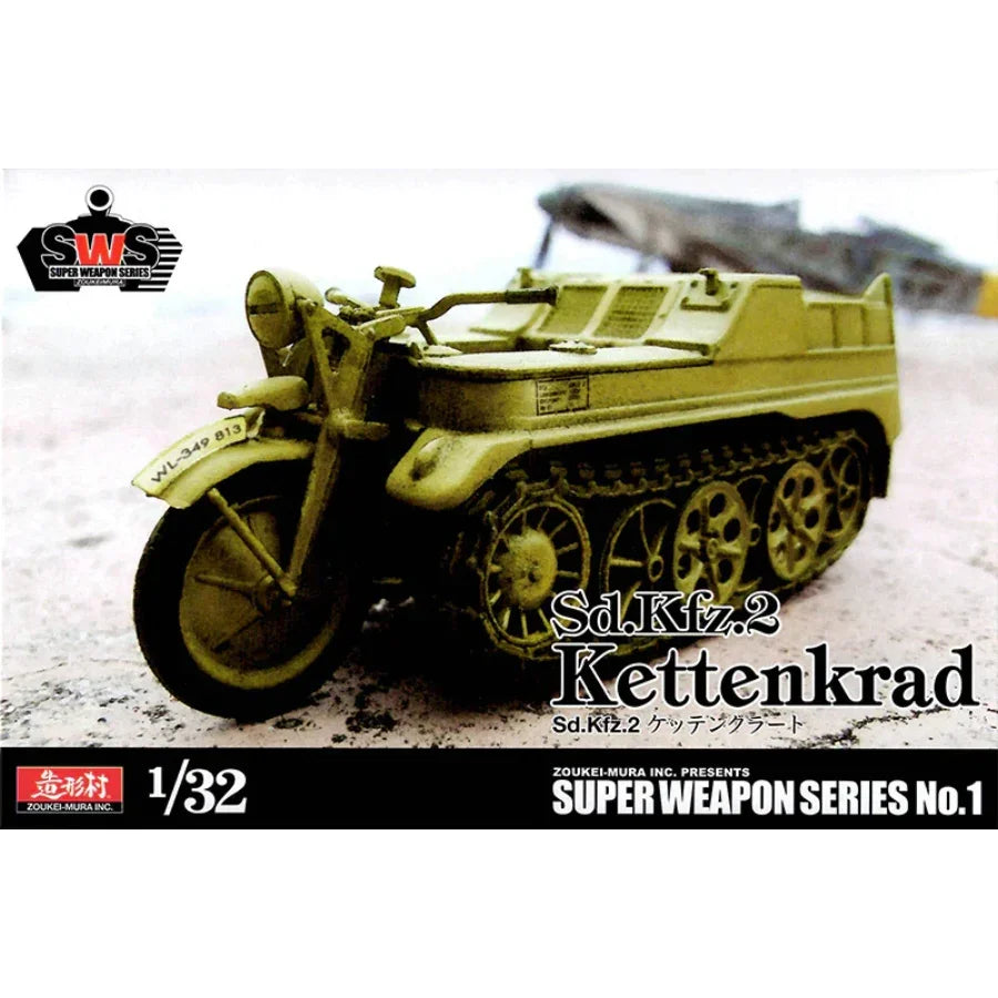 Zoukei‑Mura 1/32 scale Sd.Kfz. 2 Kettenkrad plastic model kit with decal sheet and detailed tan sprues showing half-track motorcycle