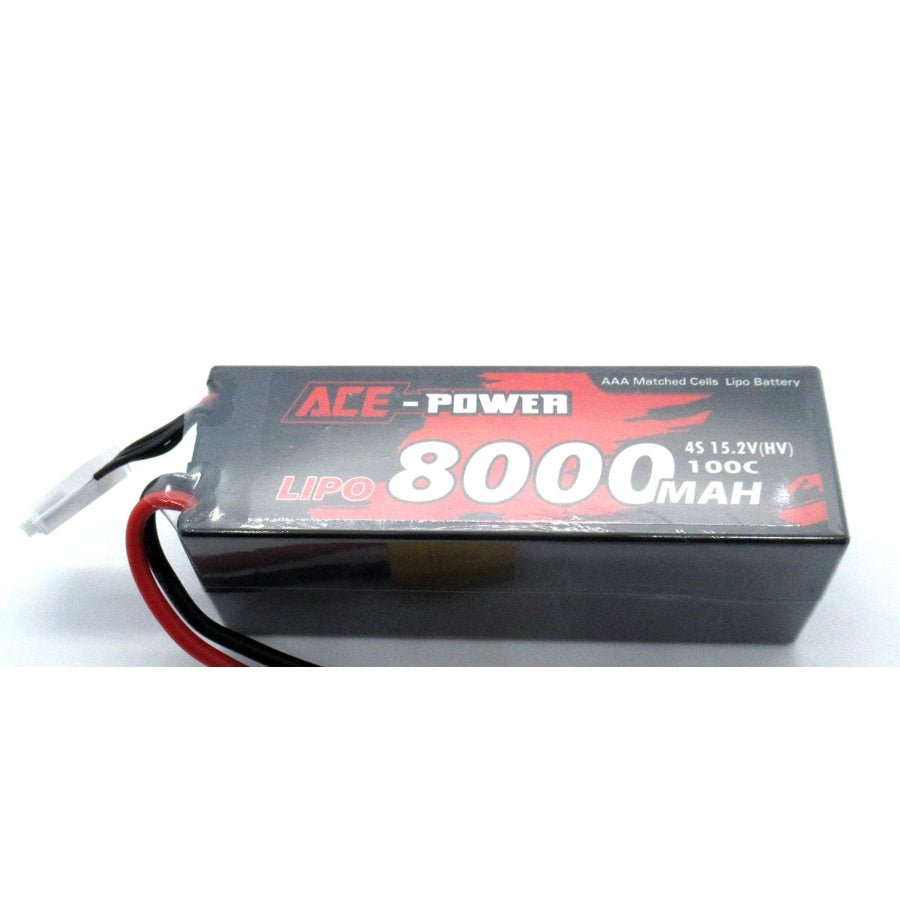 Ace Power 4S 15.2V 8000mAh 100C HV LiPo Battery with EC5 connector and hard protective case for RC vehicles, helis, aircraft, and boats.