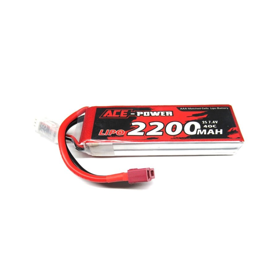 Ace Power 2200mAh 7.4V 2S 40C Soft Case LiPo Battery with Deans T connector for RC models.