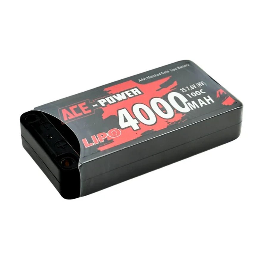 Ace Power 4000mAh 2S 7.6V 100C Low Profile Shorty HV LiPo Battery – 4mm bullet connectors, hard case RC racing pack for 1/10 scale cars and buggies.