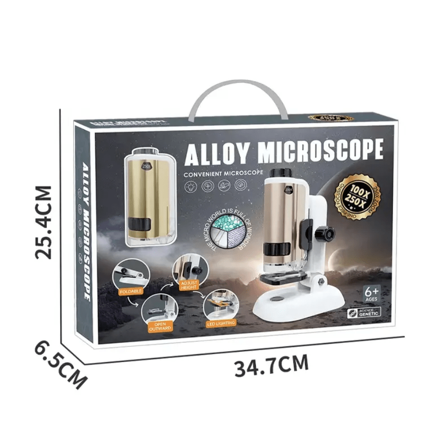 Alloy Microscope for Kids - product box with a white background and box measurements.