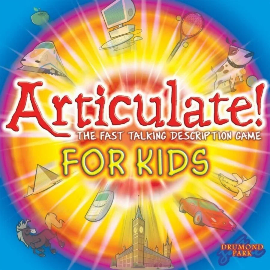 Articulate For Kids board game box with colourful artwork and word cards designed for ages 6 and up