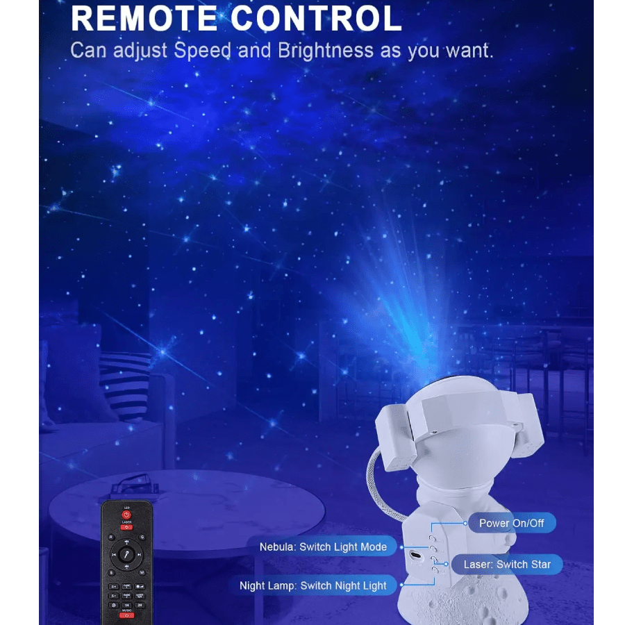 Astronaut Starry Sky Projector – galaxy night light and LED lamp for kids’ bedrooms creating relaxing star and nebula effects with astronaut design.