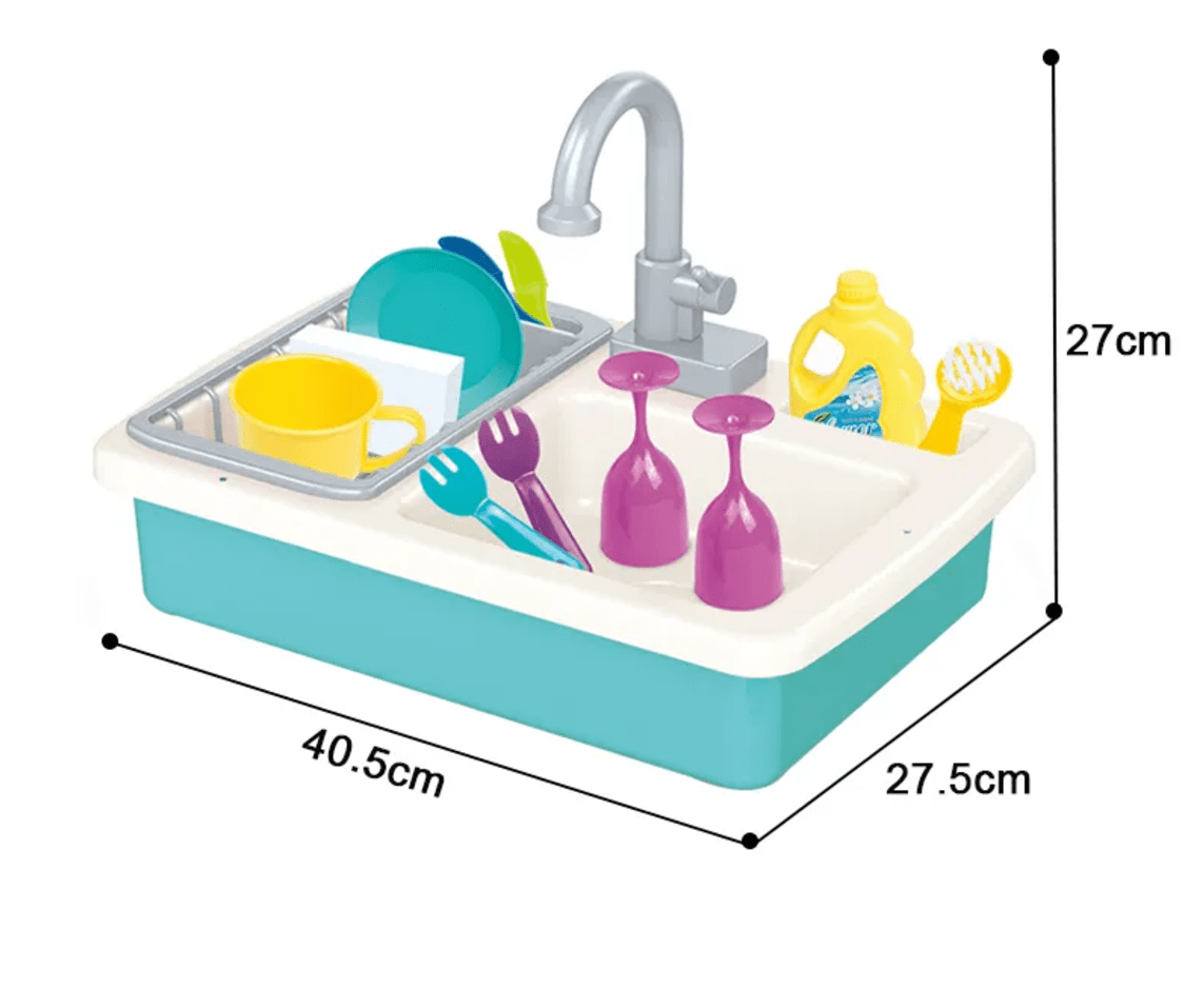 a colourful picture of a child's play sink with cups , plates and washing up accessories on a white background