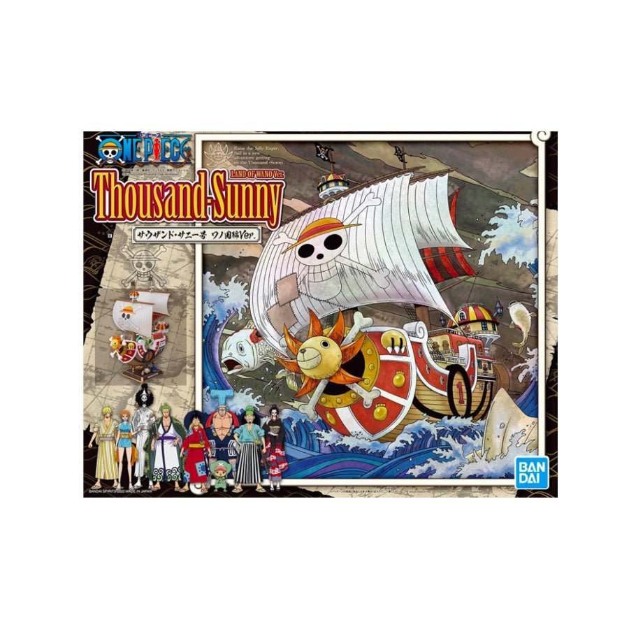 Bandai Thousand Sunny New World Version One Piece model kit featuring detailed Straw Hat Pirates ship from the anime, with vibrant colours and intricate parts.