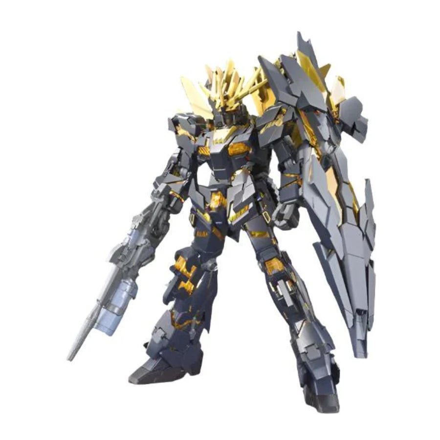 Bandai HGUC 1/144 Gundam 02 Banshee Norn Destroy Mode – detailed Gundam Unicorn UC model kit featuring gold psycho-frame and shield.