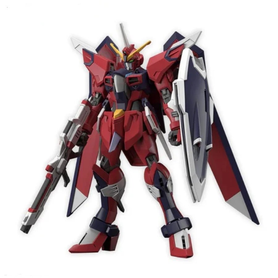 Bandai HG 1/144 Immortal Justice Gundam model kit showcasing dynamic pose and detailed accessories