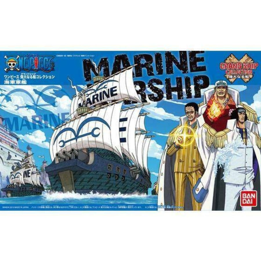Bandai One Piece Grand Ship Collection Marine Ship – snap-fit model kit with water base and stickers.