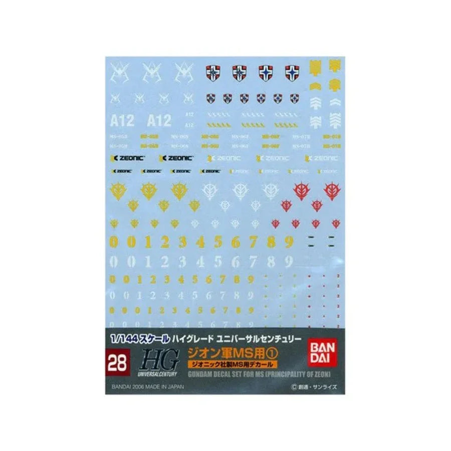 Bandai Gundam Decal 28 HGUC Multiuse Zeon MS 1 – official waterslide decals for 1/144 scale Gunpla kits.