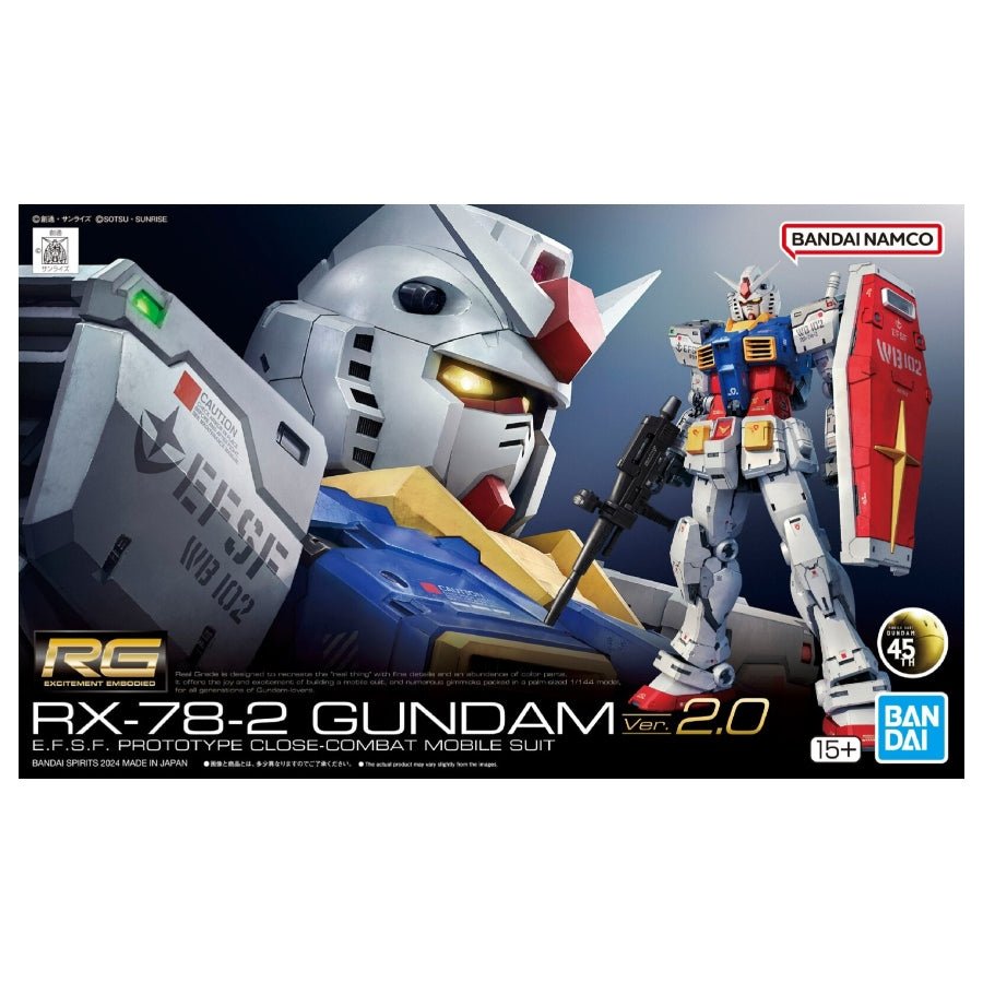 Bandai RG 1/144 RX-78-2 Gundam Ver.2.0 (G5067155) – detailed Real Grade model kit of the original RX-78-2 Gundam with rifle and shield.