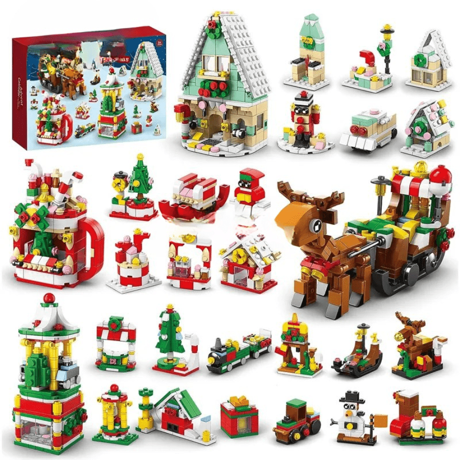 Christmas advent calendar toys on a white background