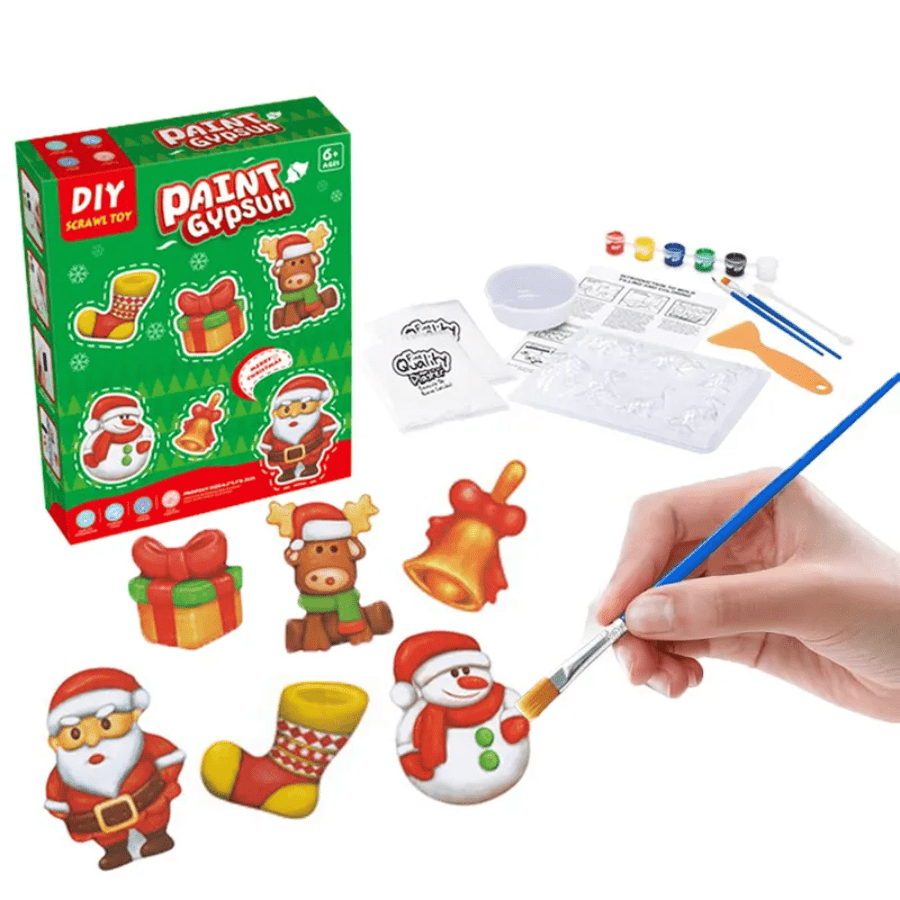A paint gypsum's kit with Christmas-themed decorations and supplies.