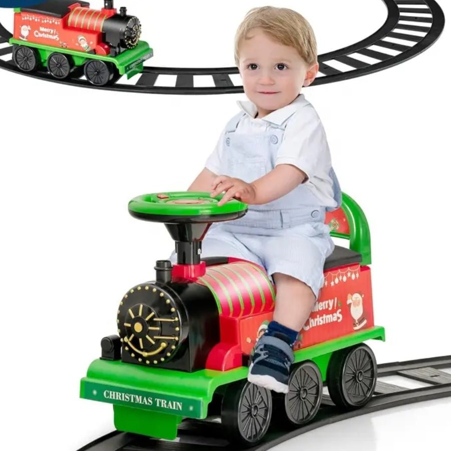 Christmas Ride On Train – 6V battery operated kids’ ride-on train with track, lights, music, backrest & safe anti-tilt design.