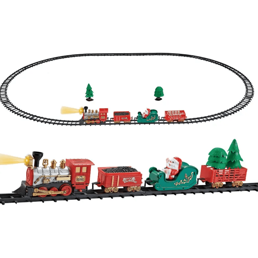 Battery Operated Christmas Train Set – festive holiday toy with battery powered locomotive, lights, sounds, and track pieces on white background