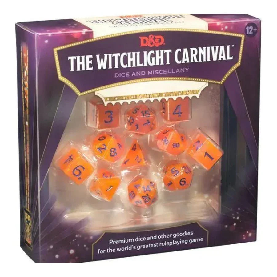 D&D The Witchlight Carnival accessory kit with orange polyhedral dice in display box