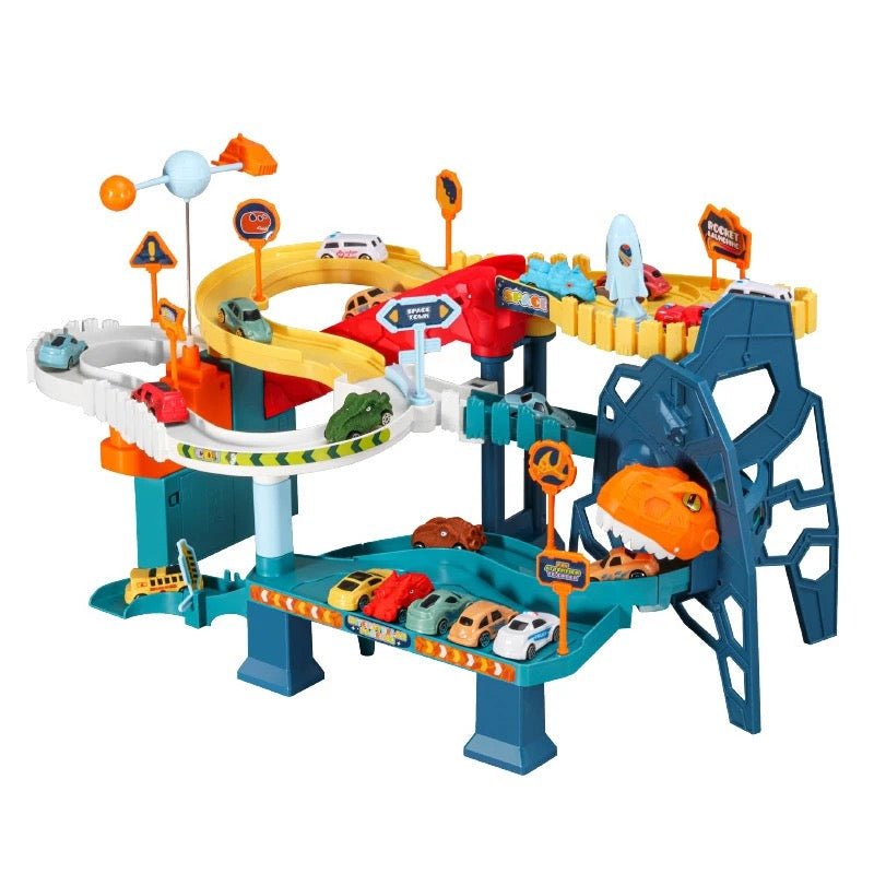 Dinosaur Space Track – kids’ adventure racing track play set with flexible tracks, dinosaur figures, and space-themed accessories for creative play.