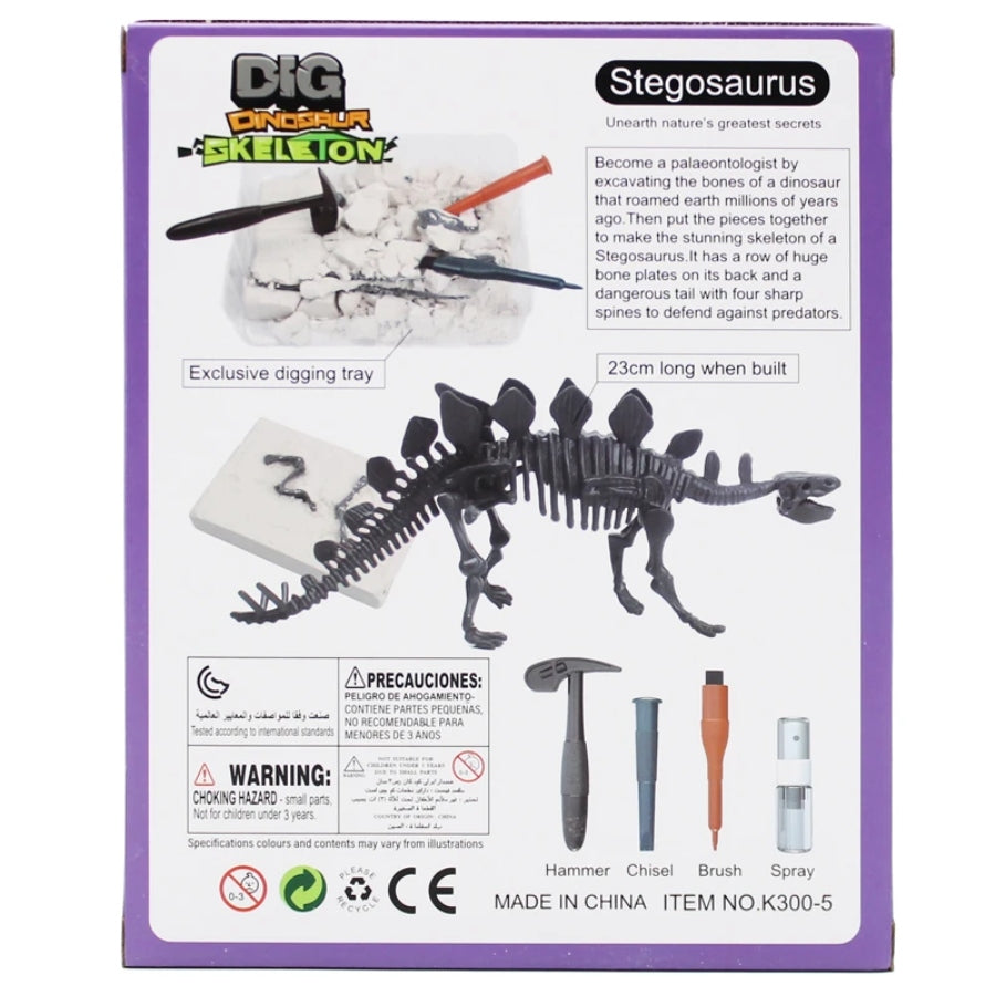 Stegosaurus dinosaur skeleton toy set packaging with tools on a white background